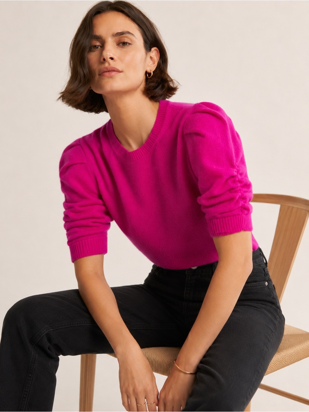 FRAME Cashmere Short Sleeve Ruched Sleeve Sweater Magenta Size Small